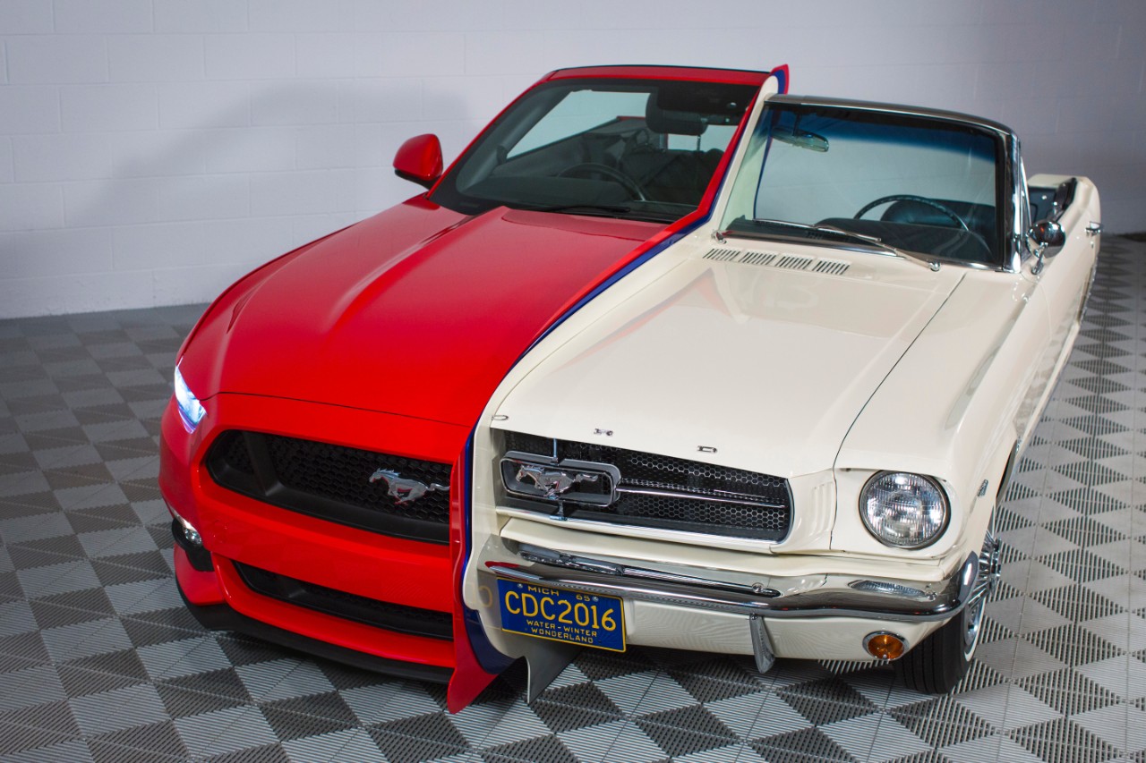 Side by side display shows 50 years of Ford Mustang